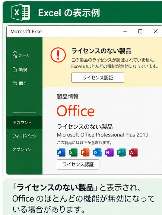 Excel ライセンス認証エラーの画面例